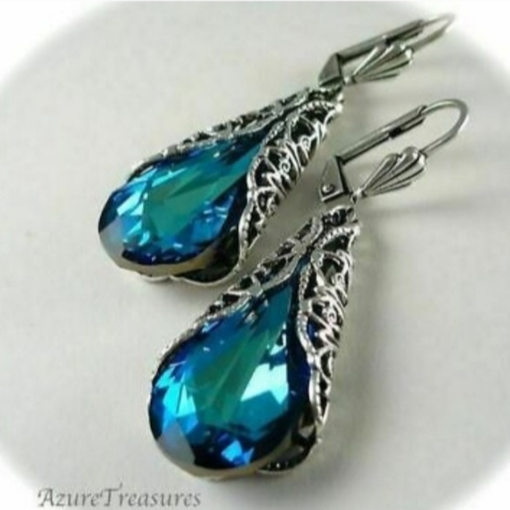 London Blue Topaz Teardrop Scroll Filigree Earrings